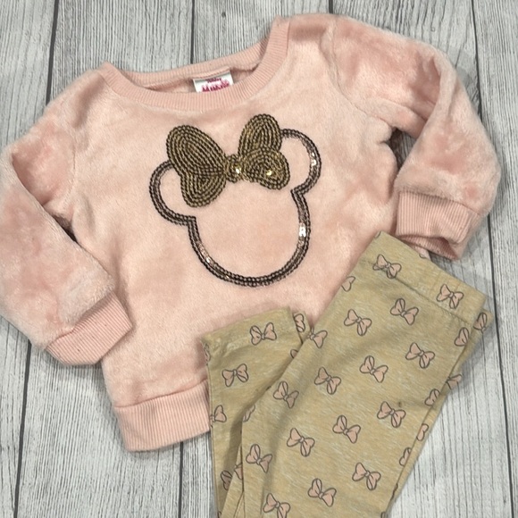 Disney Junior Other - Disney Junior Baby Girls Minnie Mouse Pink Plush Sweatshirt with Lt tan leggings